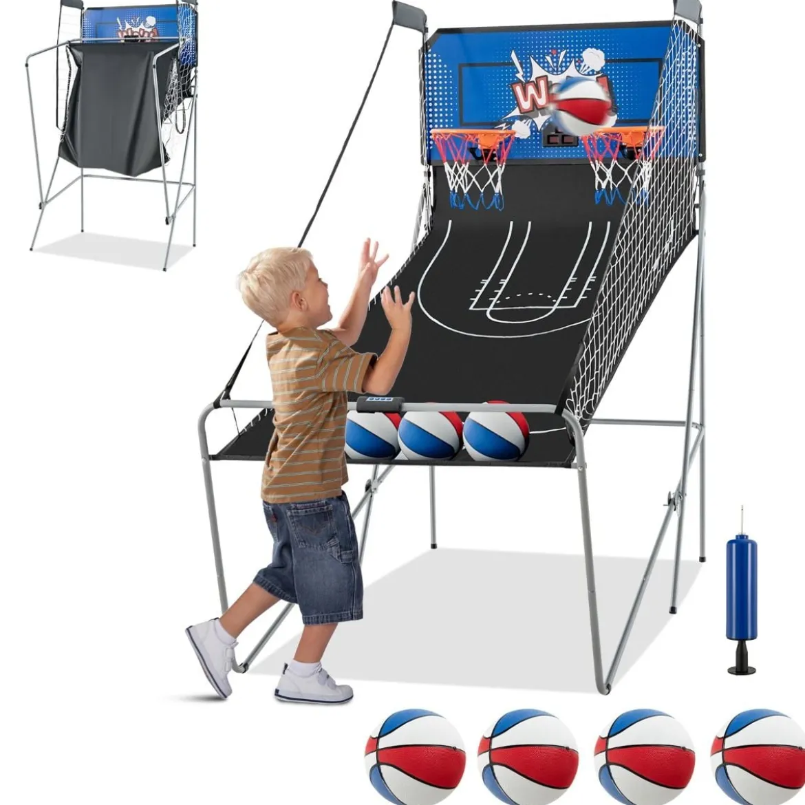8 in 1 Basketballautomat Klappbarer Elektrischer Baskeltballständer Schießmaschine Blau