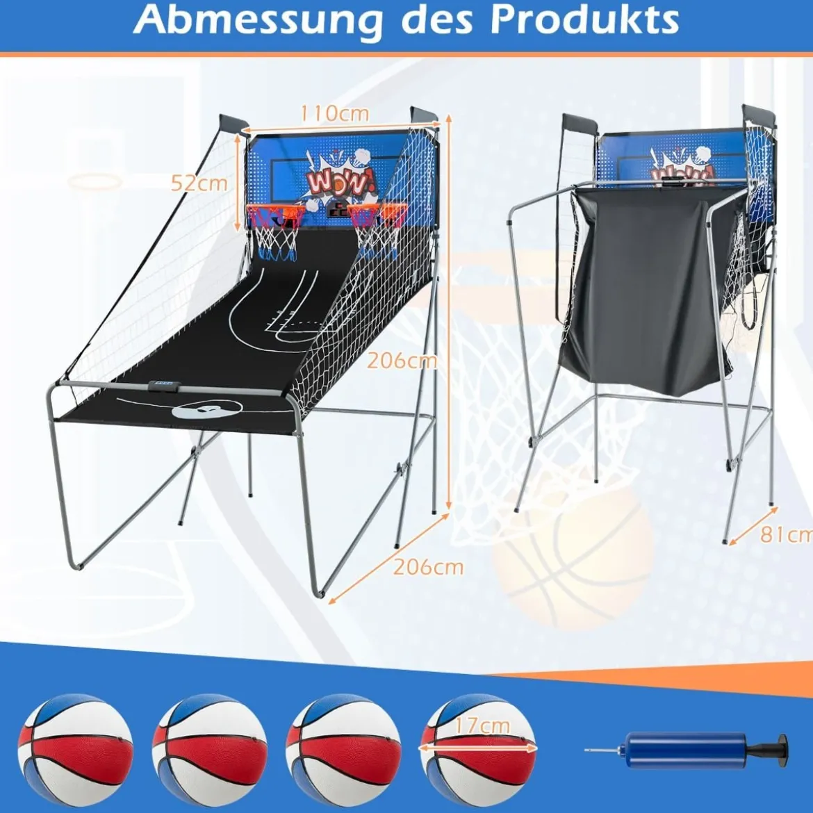 8 in 1 Basketballautomat Klappbarer Elektrischer Baskeltballständer Schießmaschine Blau