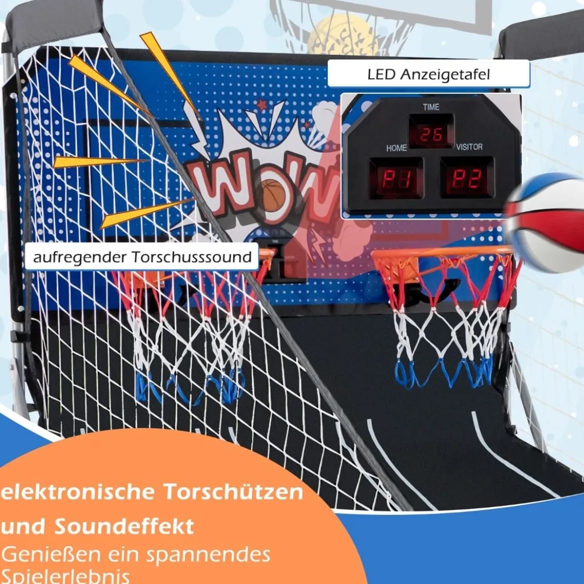 8 in 1 Basketballautomat Klappbarer Elektrischer Baskeltballständer Schießmaschine Blau