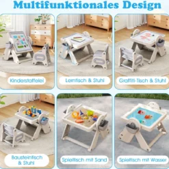 6 in 1 Bauklotztisch & Staffelei Set mit Wendbarer Tischplatte Kunststaffelei Spieltisch Grau