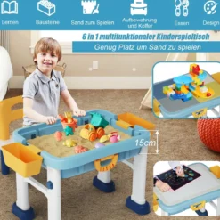 6 in 1 Bauklötzchen-Tisch Aktivitätstisch Set Bausteintisch Spieltisch Höheverstellbar Blau + Weiß + Gelb