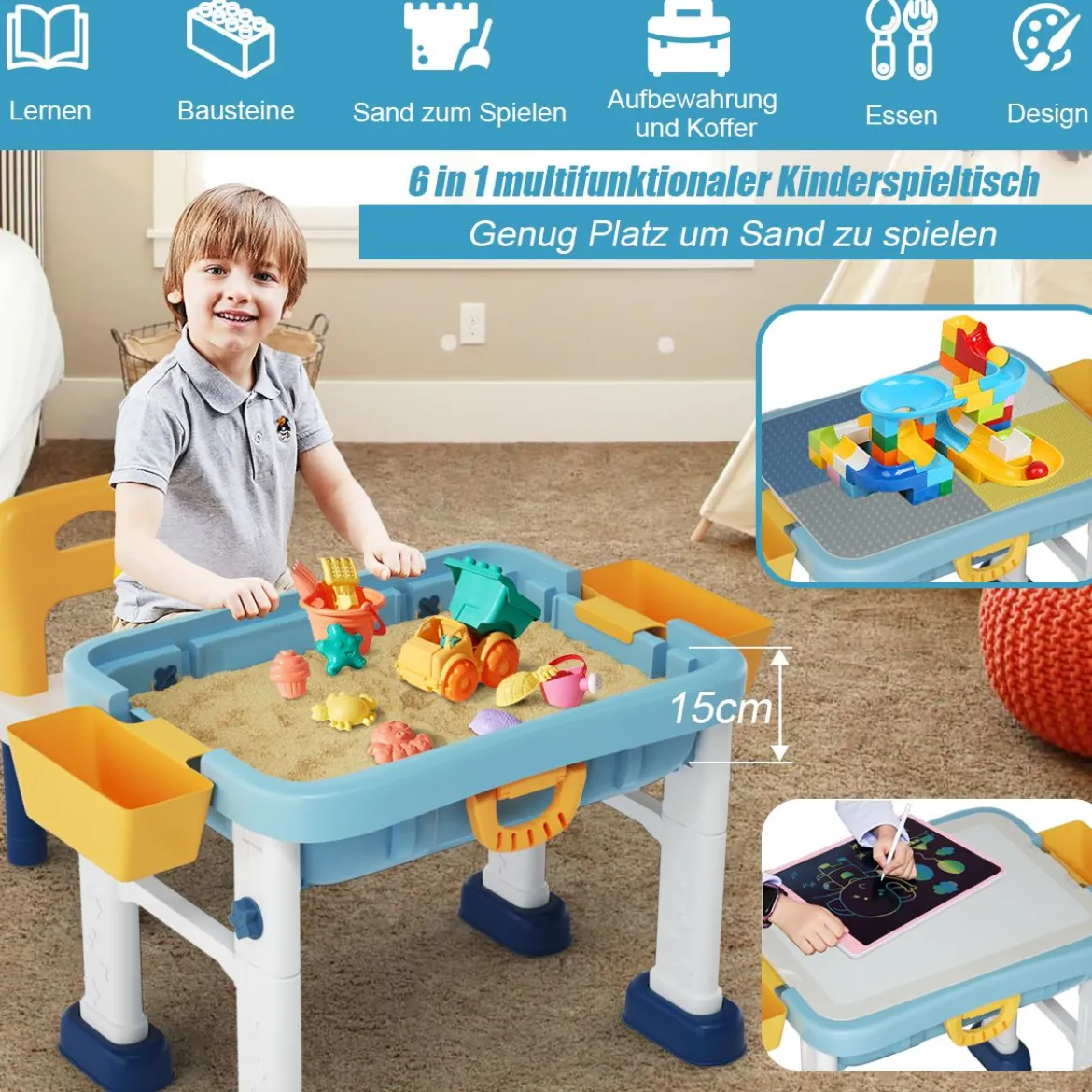6 in 1 Bauklötzchen-Tisch Aktivitätstisch Set Bausteintisch Spieltisch Höheverstellbar Blau + Weiß + Gelb