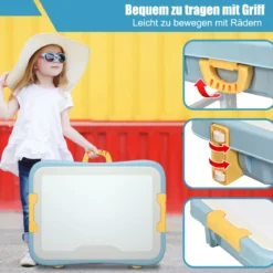 6 in 1 Bauklötzchen-Tisch Aktivitätstisch Set Bausteintisch Spieltisch Höheverstellbar Blau + Weiß + Gelb