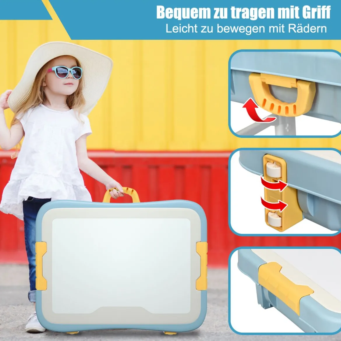 6 in 1 Bauklötzchen-Tisch Aktivitätstisch Set Bausteintisch Spieltisch Höheverstellbar Blau + Weiß + Gelb
