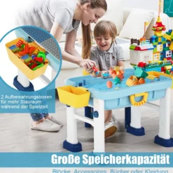 6 in 1 Bauklötzchen-Tisch Aktivitätstisch Set Bausteintisch Spieltisch Höheverstellbar Blau + Weiß + Gelb