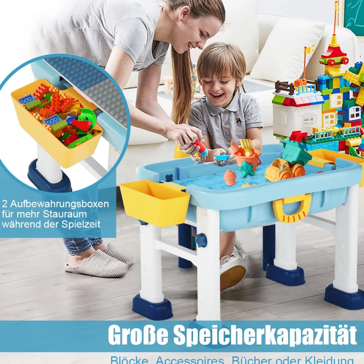 6 in 1 Bauklötzchen-Tisch Aktivitätstisch Set Bausteintisch Spieltisch Höheverstellbar Blau + Weiß + Gelb