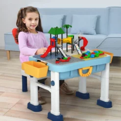 6 in 1 Bauklötzchen-Tisch Aktivitätstisch Set Bausteintisch Spieltisch Höheverstellbar Blau + Weiß + Gelb