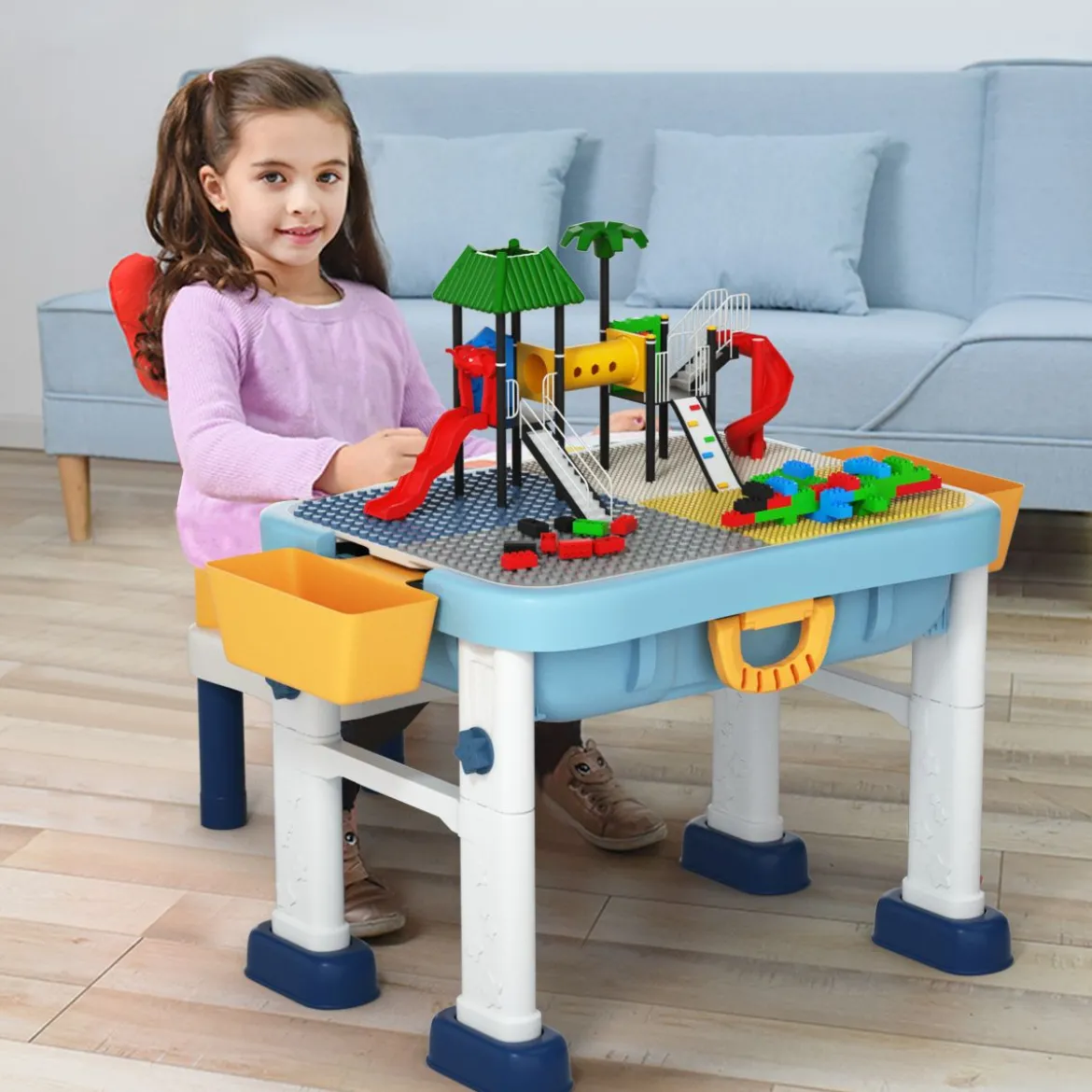 6 in 1 Bauklötzchen-Tisch Aktivitätstisch Set Bausteintisch Spieltisch Höheverstellbar Blau + Weiß + Gelb