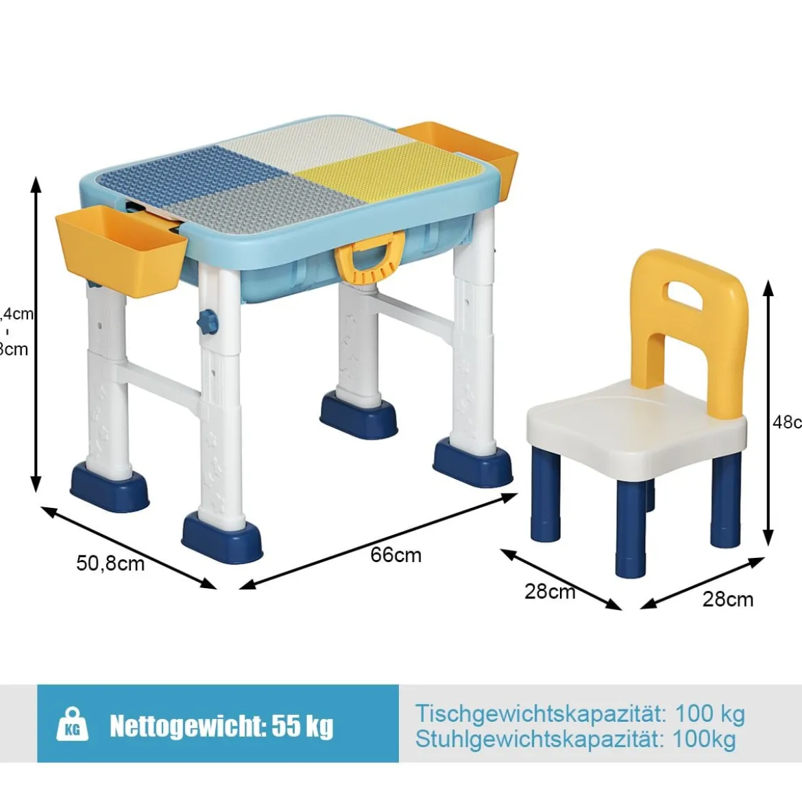 6 in 1 Bauklötzchen-Tisch Aktivitätstisch Set Bausteintisch Spieltisch Höheverstellbar Blau + Weiß + Gelb