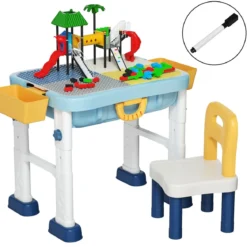6 in 1 Bauklötzchen-Tisch Aktivitätstisch Set Bausteintisch Spieltisch Höheverstellbar Blau + Weiß + Gelb