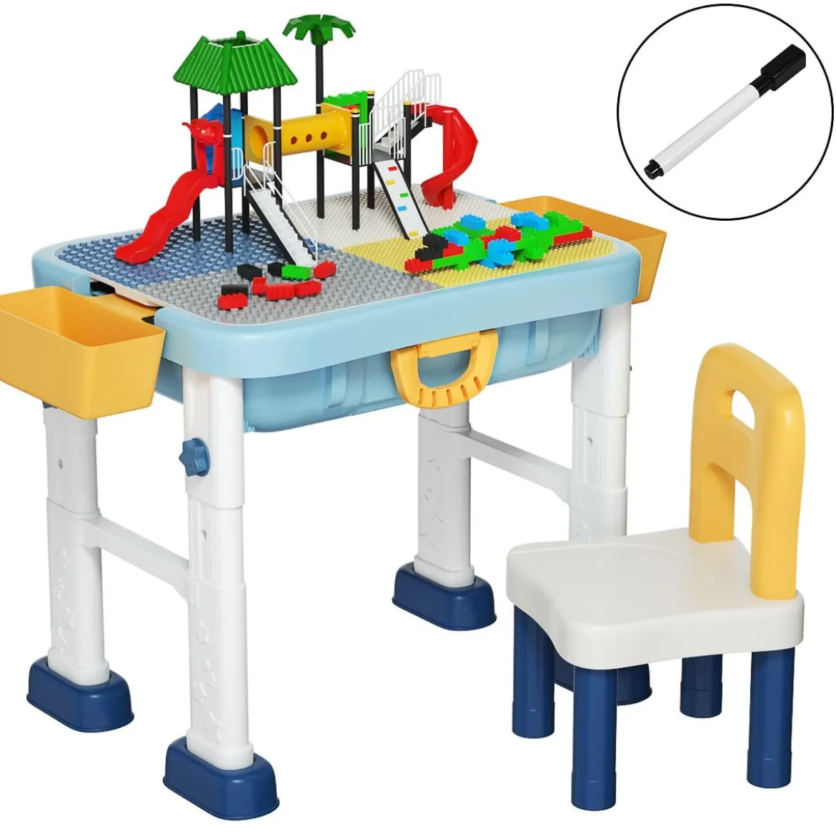6 in 1 Bauklötzchen-Tisch Aktivitätstisch Set Bausteintisch Spieltisch Höheverstellbar Blau + Weiß + Gelb