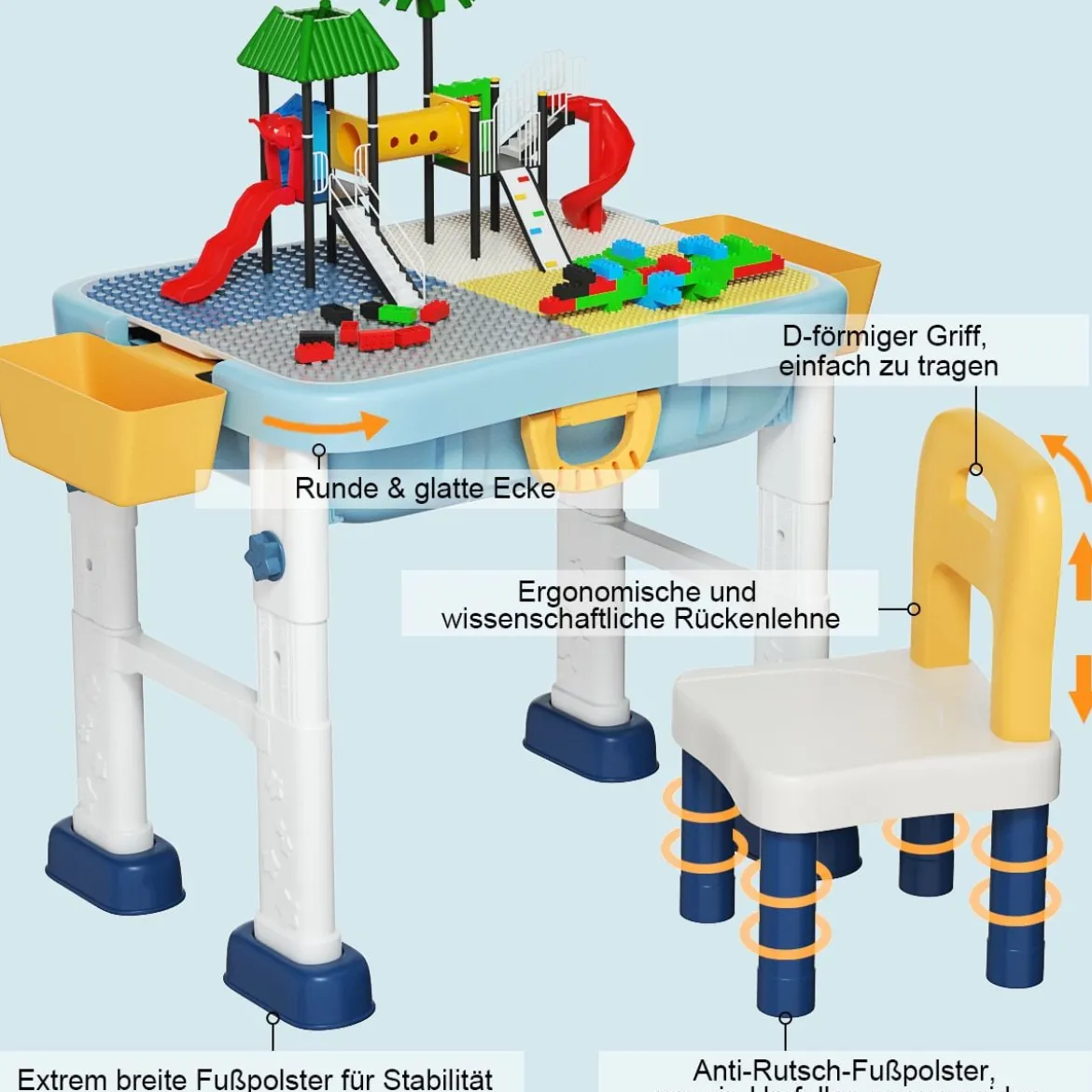 6 in 1 Bauklötzchen-Tisch Aktivitätstisch Set Bausteintisch Spieltisch Höheverstellbar Blau + Weiß + Gelb
