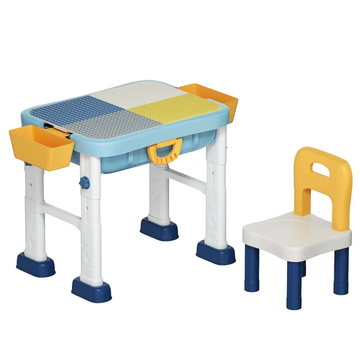 6 in 1 Bauklötzchen-Tisch Aktivitätstisch Set Bausteintisch Spieltisch Höheverstellbar Blau + Weiß + Gelb