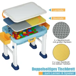 6 in 1 Bauklötzchen-Tisch Aktivitätstisch Set Bausteintisch Spieltisch Höheverstellbar Blau + Weiß + Gelb