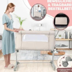 3 in 1 Beistellbett & Babywiege & Reisebett 5-stufig Höhenverstellbares Babybett Rosa/Beige/Grau/Hellgrau
