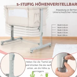 3 in 1 Beistellbett & Babywiege & Reisebett 5-stufig Höhenverstellbares Babybett Rosa/Beige/Grau/Hellgrau
