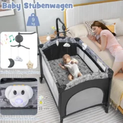 3 IN 1 Beistellbett Klappbar Reisebett mit Matratze Hängespielzeug 102 x 72 x 74 cm Grau