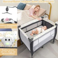 3 in 1 Beistellbett klappbar Reisebett mit Matratze Hängespielzeug Spieluhr Bunt