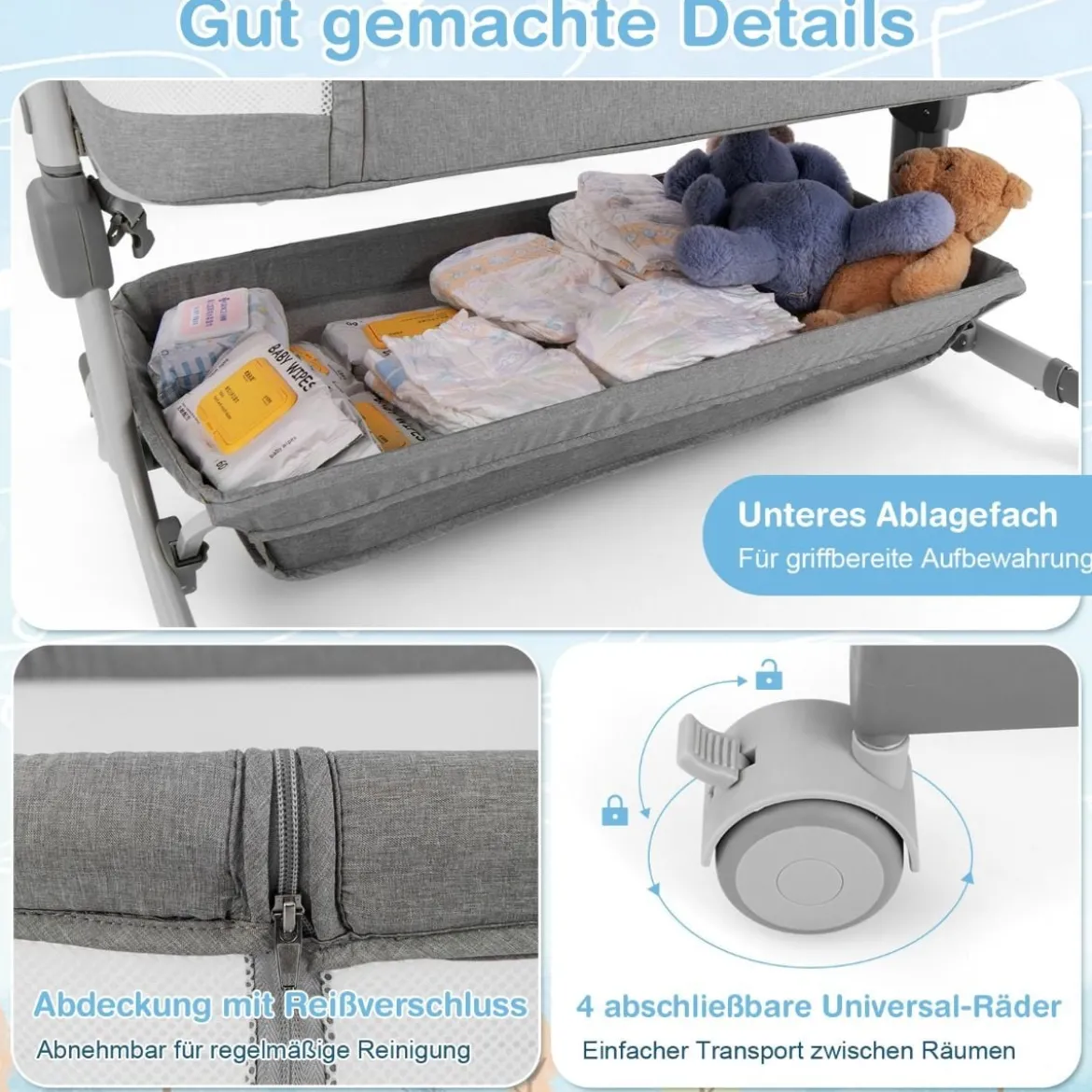 3 in 1 Beistellbett Reisebett Baby mit Matratze Babybett 6 Fach höhenverstellbar mit Aufbewahrungskorb