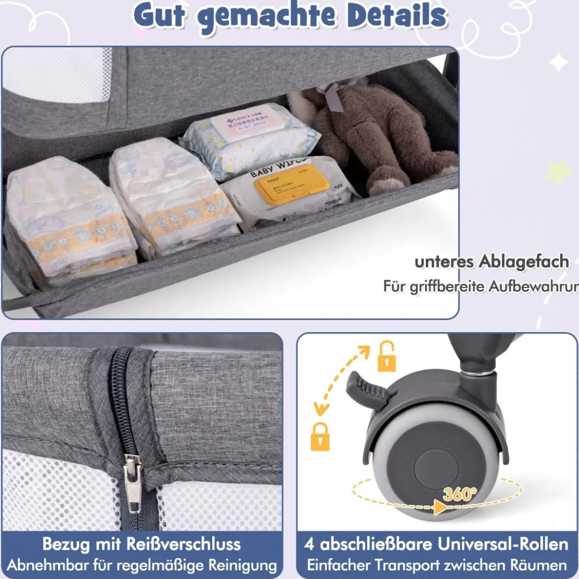 3 in 1 Beistellbett Reisebett Baby mit Matratze Babybett 6 Fach höhenverstellbar mit Aufbewahrungskorb