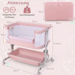 3 in 1 Beistellbett Reisebett Baby mit Matratze Babybett 6 Fach höhenverstellbar mit Aufbewahrungskorb