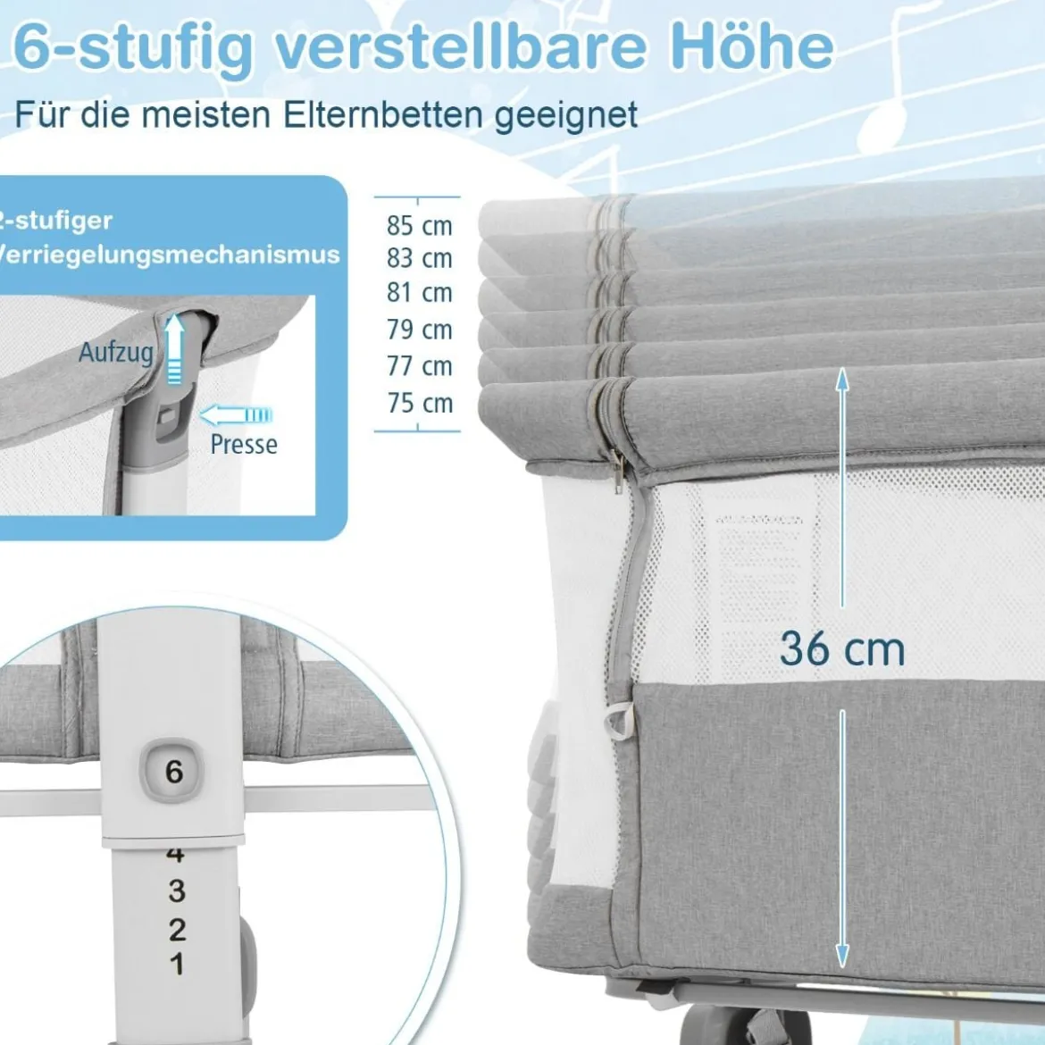 3 in 1 Beistellbett Reisebett Baby mit Matratze Babybett 6 Fach höhenverstellbar mit Aufbewahrungskorb