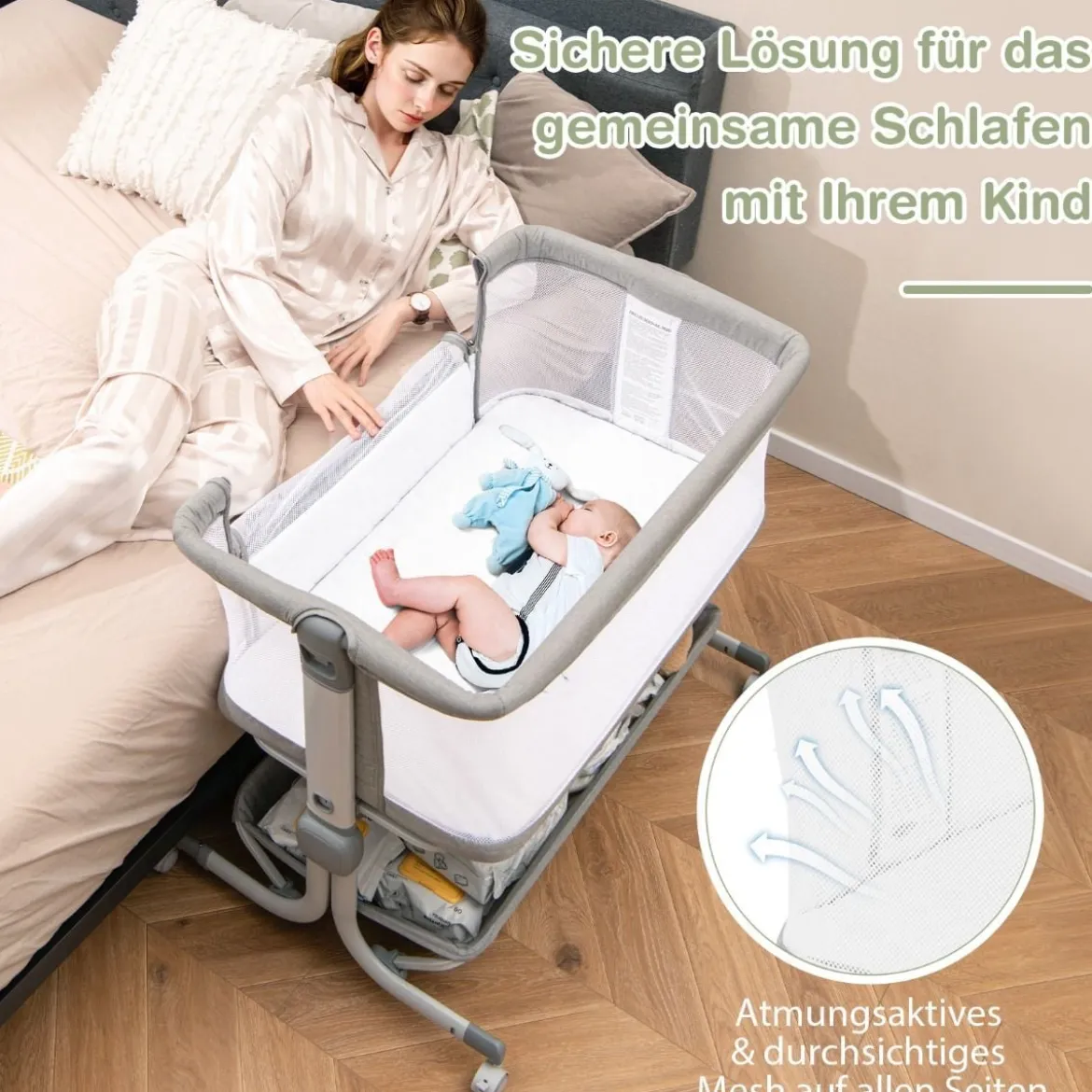 3 in 1 Beistellbett Reisebett Baby mit Matratze Babybett 6 Fach höhenverstellbar mit Aufbewahrungskorb