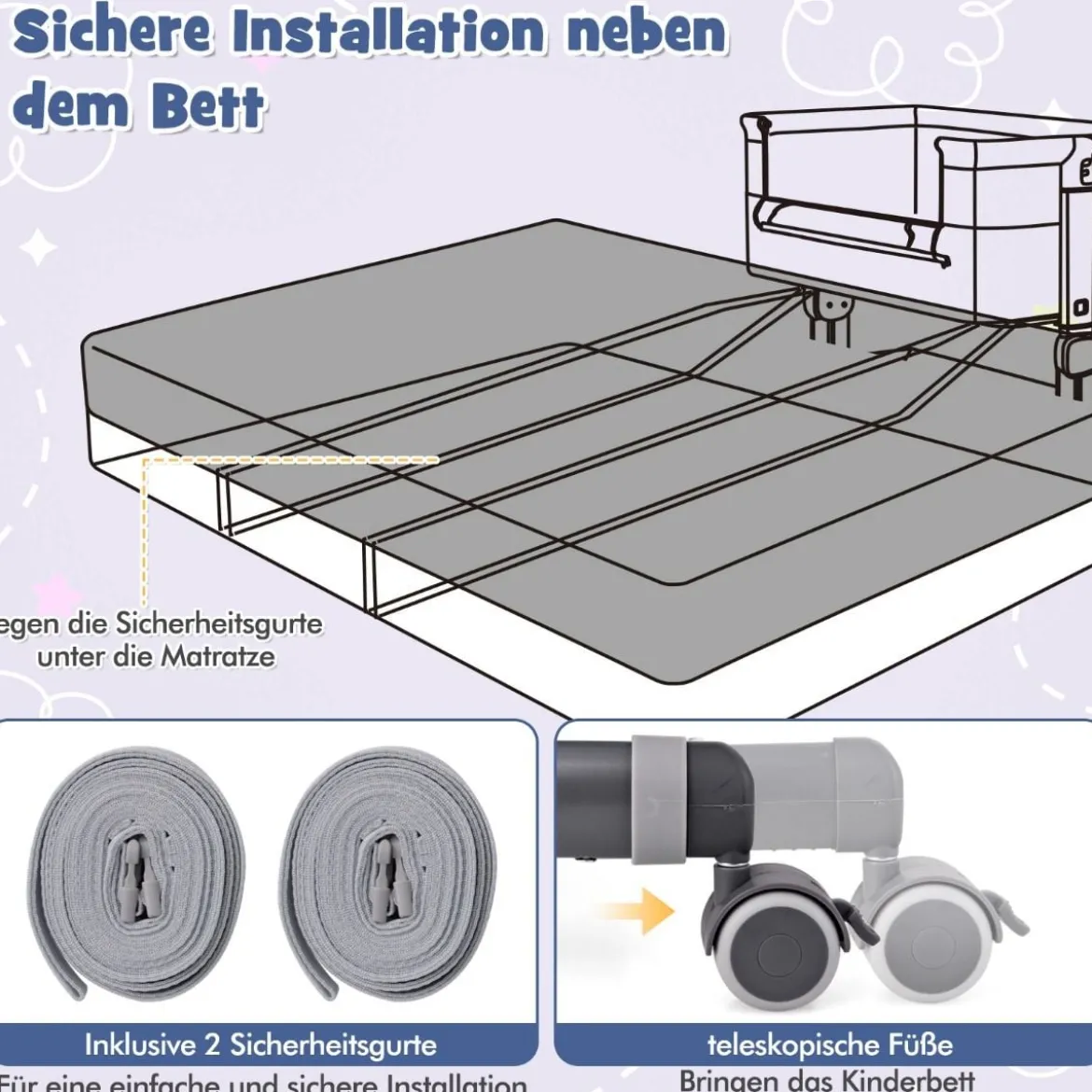 3 in 1 Beistellbett Reisebett Baby mit Matratze Babybett 6 Fach höhenverstellbar mit Aufbewahrungskorb