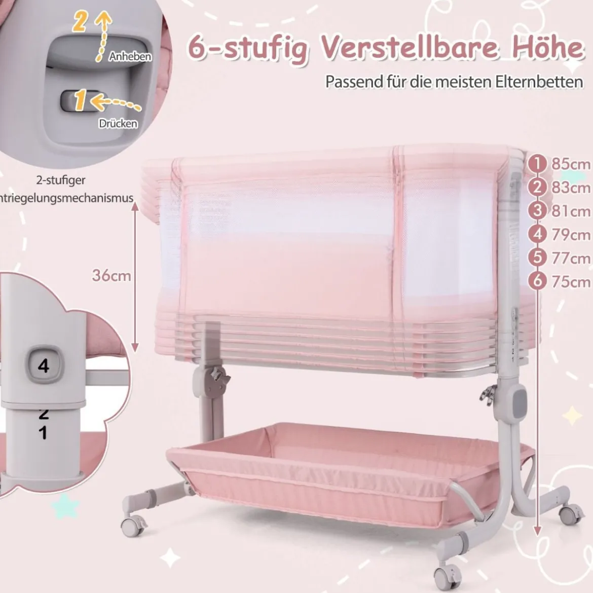 3 in 1 Beistellbett Reisebett Baby mit Matratze Babybett 6 Fach höhenverstellbar mit Aufbewahrungskorb