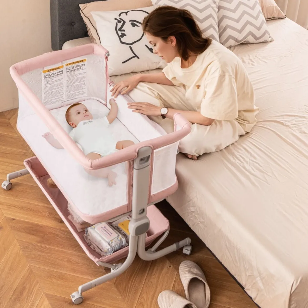3 in 1 Beistellbett Reisebett Baby mit Matratze Babybett 6 Fach höhenverstellbar mit Aufbewahrungskorb