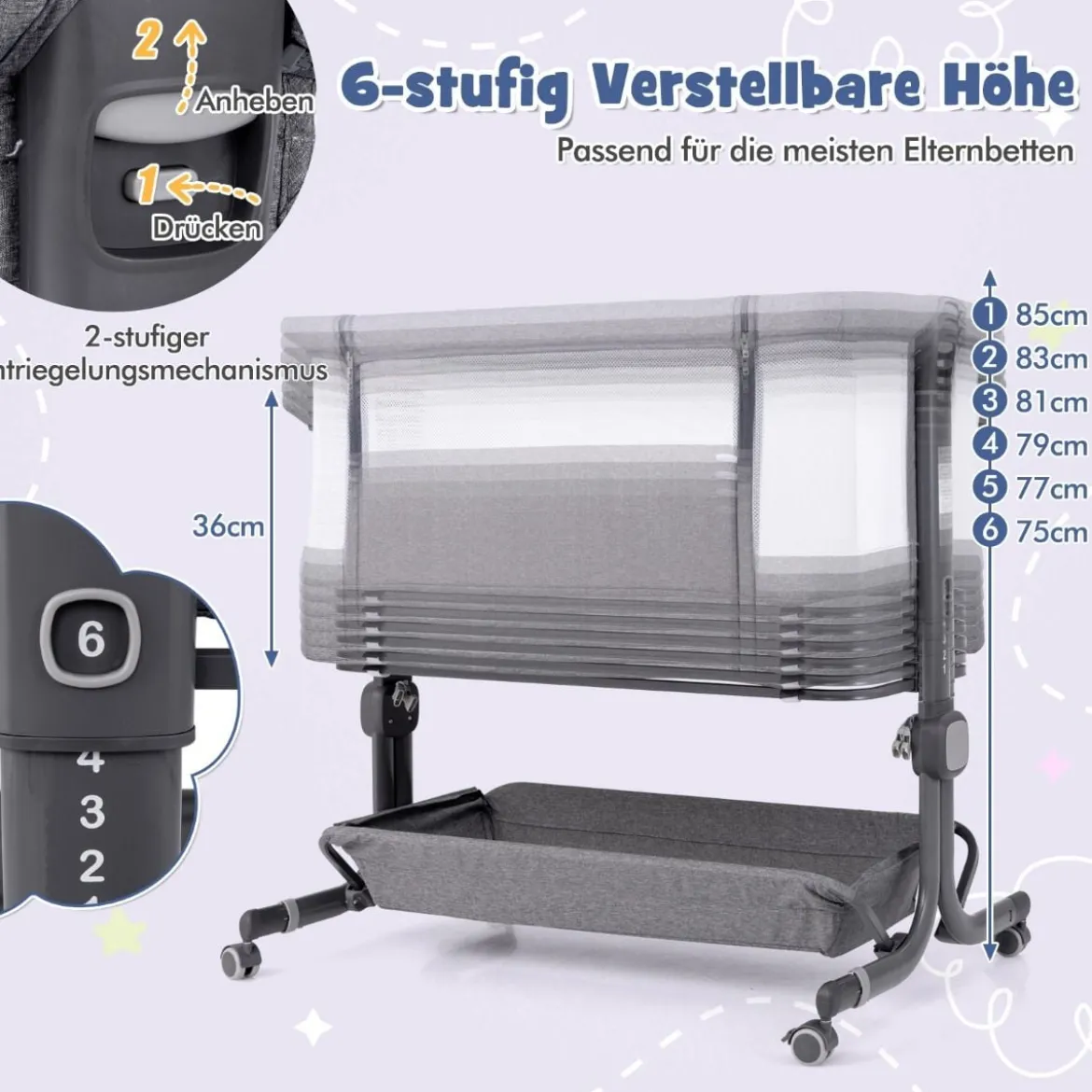 3 in 1 Beistellbett Reisebett Baby mit Matratze Babybett 6 Fach höhenverstellbar mit Aufbewahrungskorb