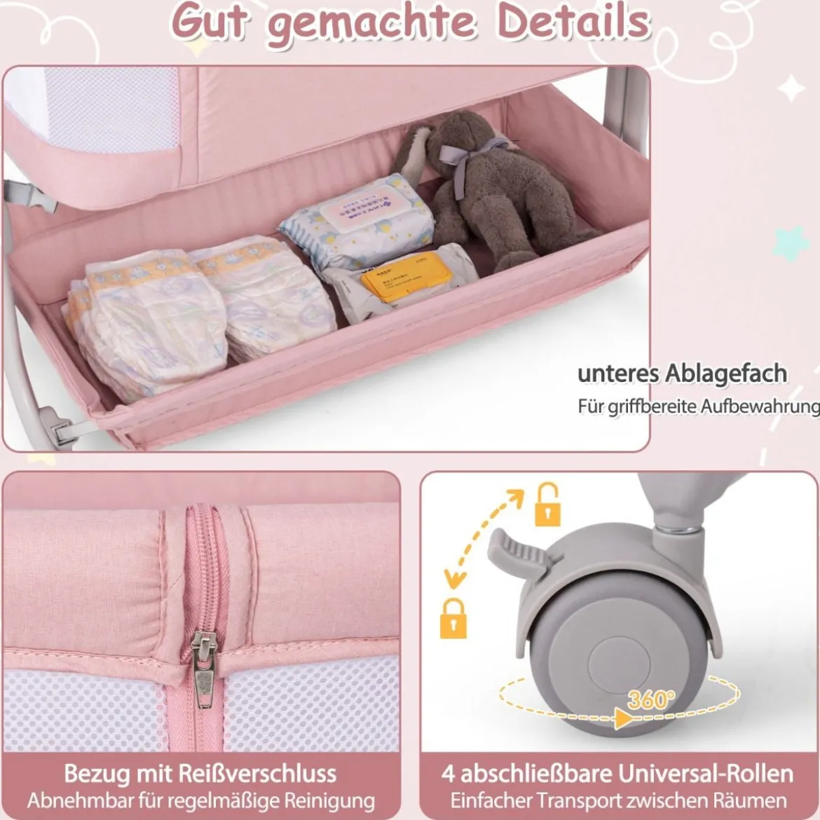 3 in 1 Beistellbett Reisebett Baby mit Matratze Babybett 6 Fach höhenverstellbar mit Aufbewahrungskorb