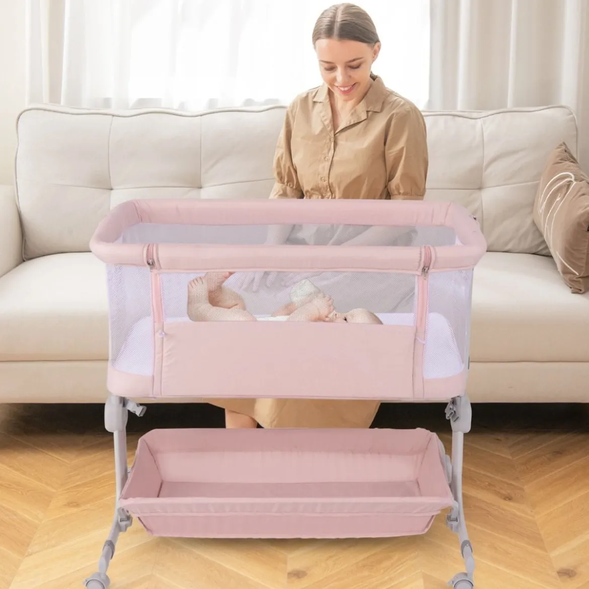 3 in 1 Beistellbett Reisebett Baby mit Matratze Babybett 6 Fach höhenverstellbar mit Aufbewahrungskorb