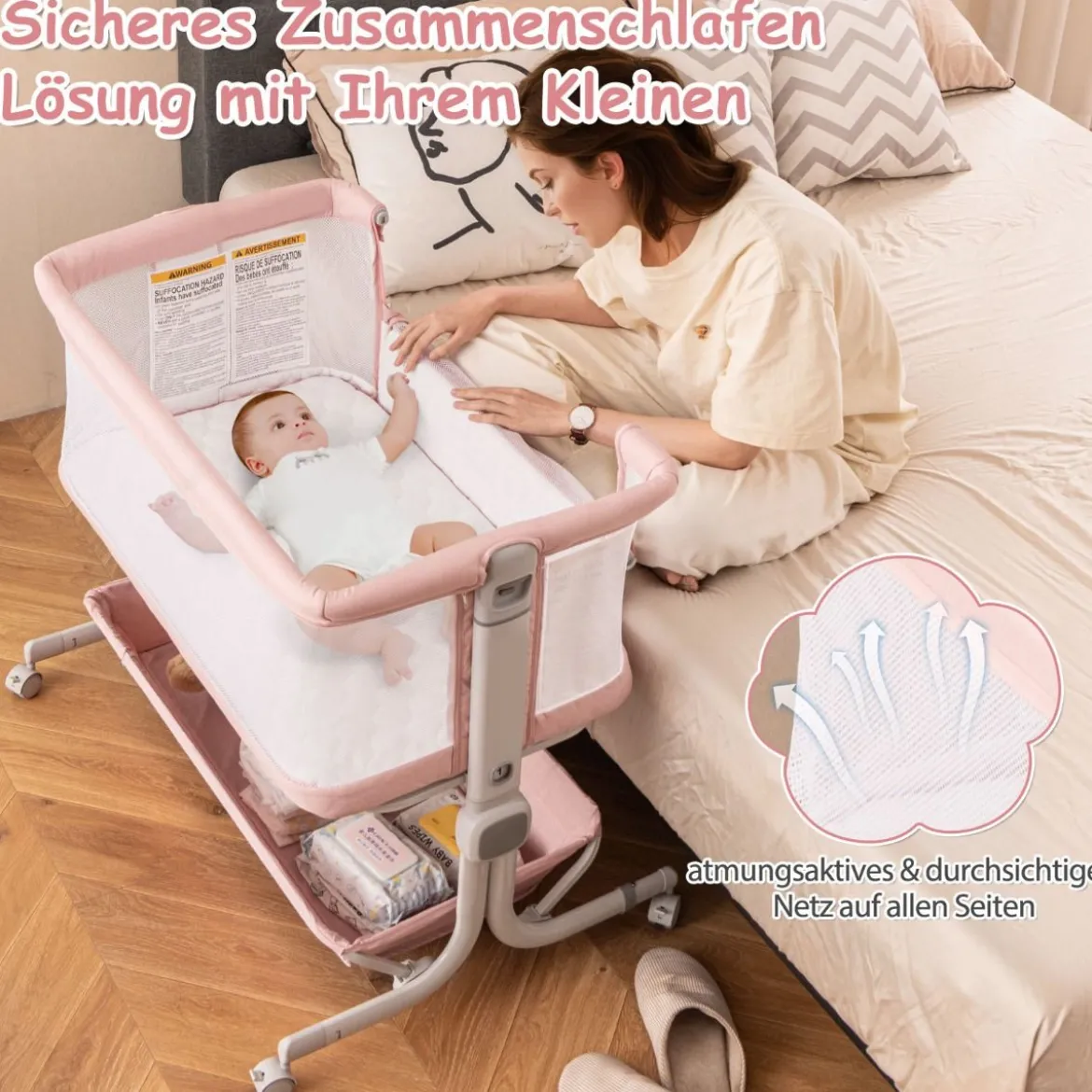 3 in 1 Beistellbett Reisebett Baby mit Matratze Babybett 6 Fach höhenverstellbar mit Aufbewahrungskorb