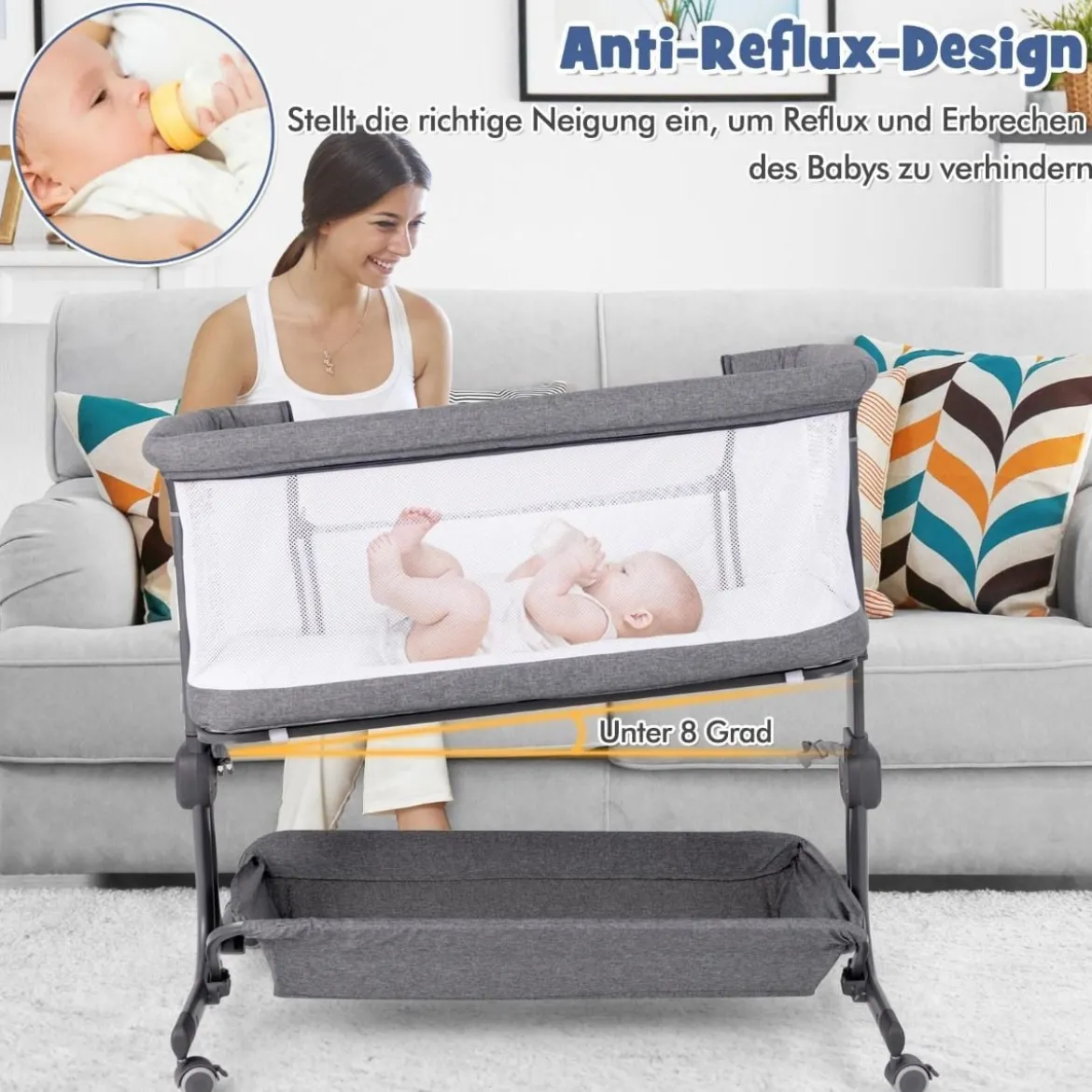 3 in 1 Beistellbett Reisebett Baby mit Matratze Babybett 6 Fach höhenverstellbar mit Aufbewahrungskorb