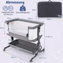 3 in 1 Beistellbett Reisebett Baby mit Matratze Babybett 6 Fach höhenverstellbar mit Aufbewahrungskorb
