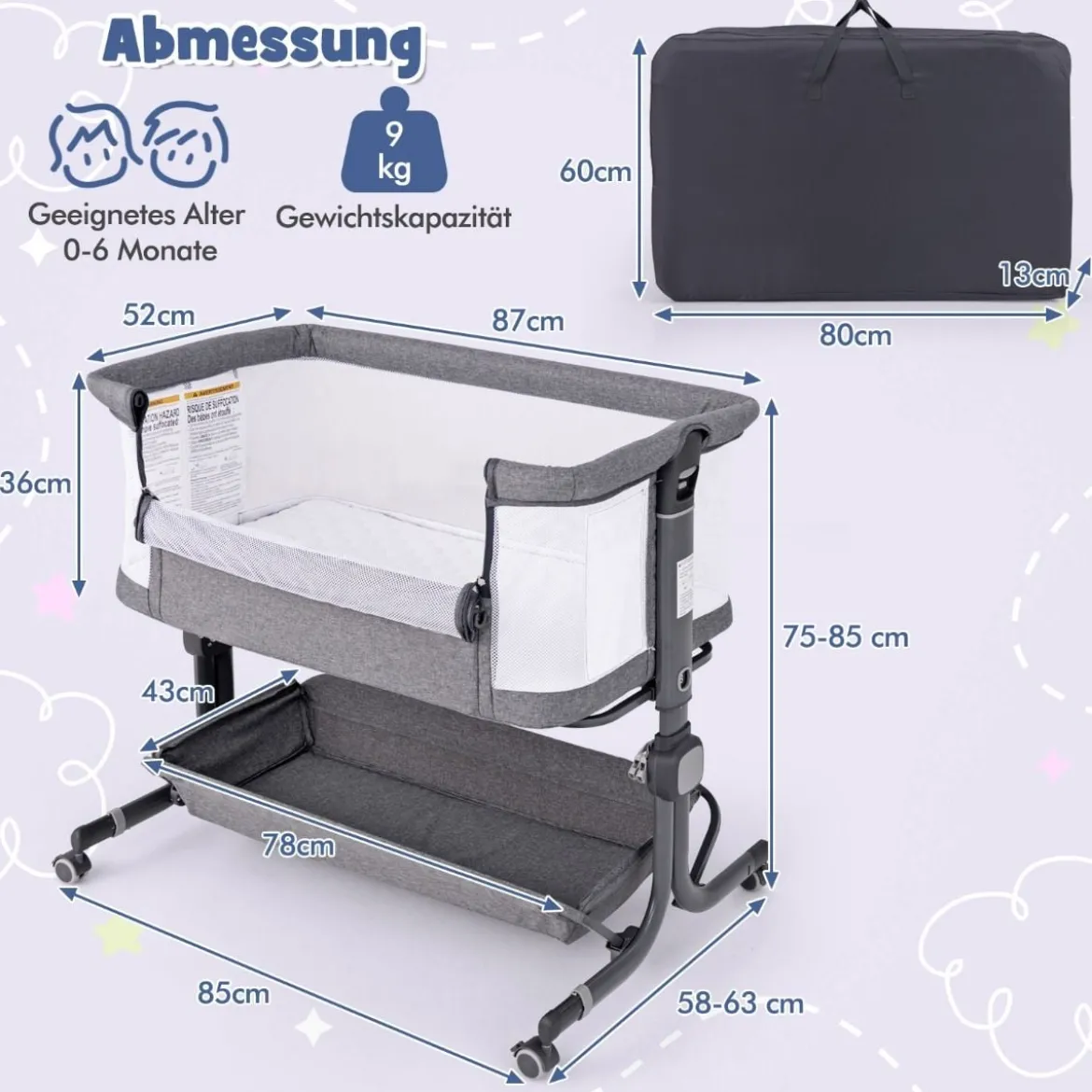 3 in 1 Beistellbett Reisebett Baby mit Matratze Babybett 6 Fach höhenverstellbar mit Aufbewahrungskorb