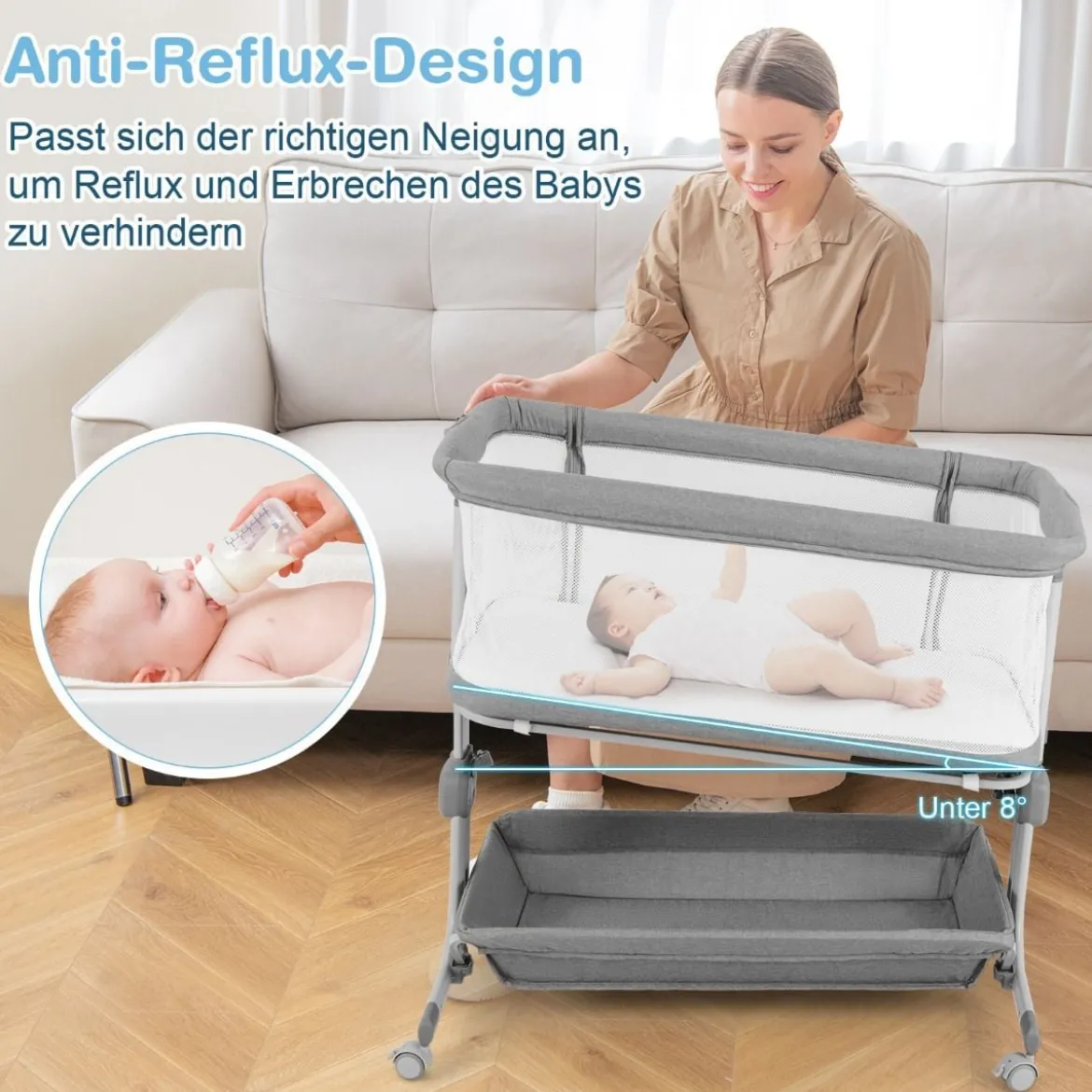 3 in 1 Beistellbett Reisebett Baby mit Matratze Babybett 6 Fach höhenverstellbar mit Aufbewahrungskorb