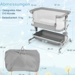 3 in 1 Beistellbett Reisebett Baby mit Matratze Babybett 6 Fach höhenverstellbar mit Aufbewahrungskorb