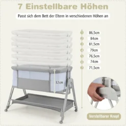 2 in 1 Beistellbett & Stubenwagen mit 7 Verstellbaren Höhen & Matratze & Tragetasche & Gurte
