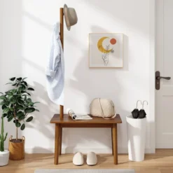 3 in 1 Beistelltisch aus Massivholz Garderobenständer mit Schuhbank 76 x 43 x 168 cm