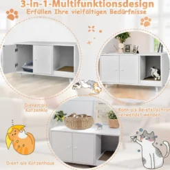 2 in 1 Beistelltisch & Katzenschrank mit Kratzbrett Katzentoilette 90 x 50 x 50 cm Kaffeetisch Weiß