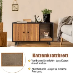 2 in 1 Beistelltisch & Katzenschrank mit Kratzbrett Katzentoilette 90 x 50 x 50 cm