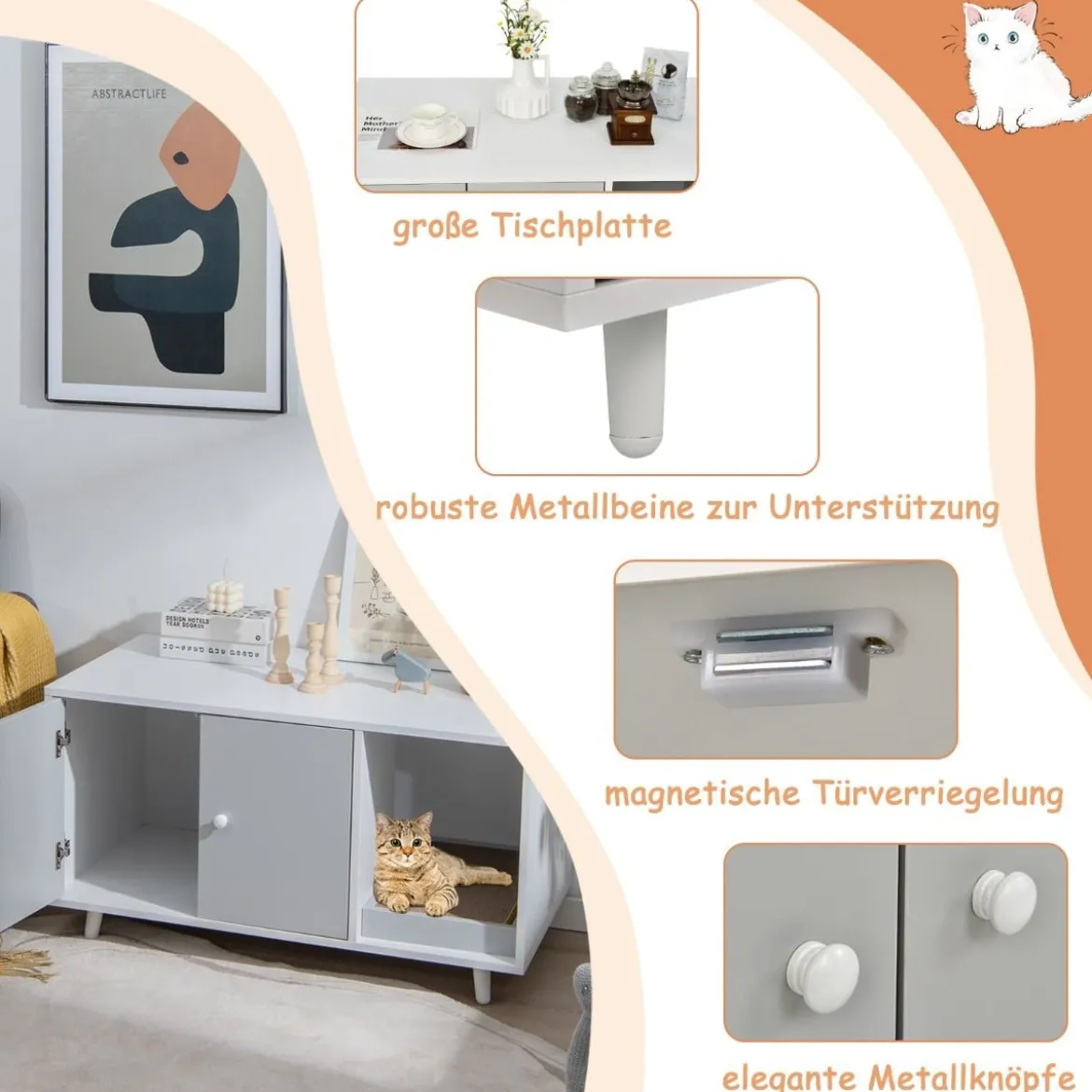 2 in 1 Beistelltisch & Katzenschrank mit Kratzbrett Katzentoilette Kaffeetisch 90 x 50 x 50 cm Grau