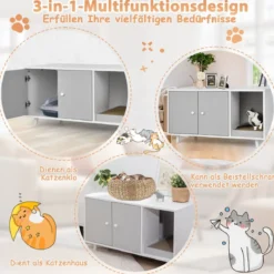 2 in 1 Beistelltisch & Katzenschrank mit Kratzbrett Katzentoilette Kaffeetisch 90 x 50 x 50 cm Grau