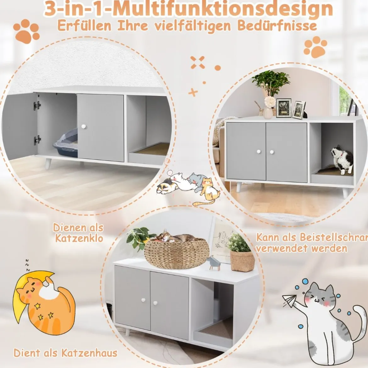 2 in 1 Beistelltisch & Katzenschrank mit Kratzbrett Katzentoilette Kaffeetisch 90 x 50 x 50 cm Grau