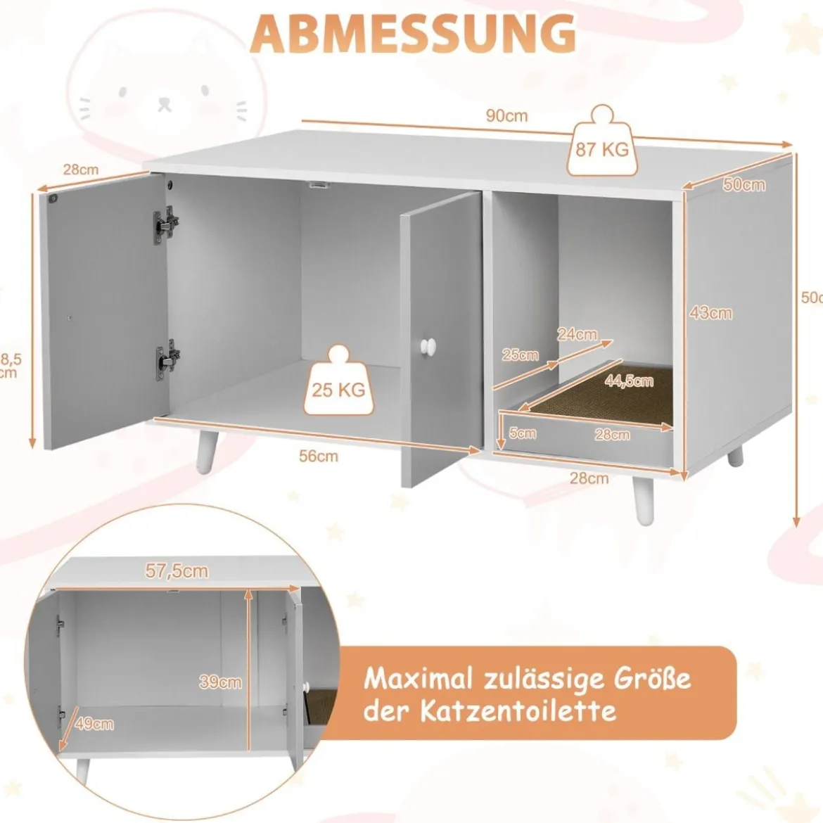 2 in 1 Beistelltisch & Katzenschrank mit Kratzbrett Katzentoilette Kaffeetisch 90 x 50 x 50 cm Grau