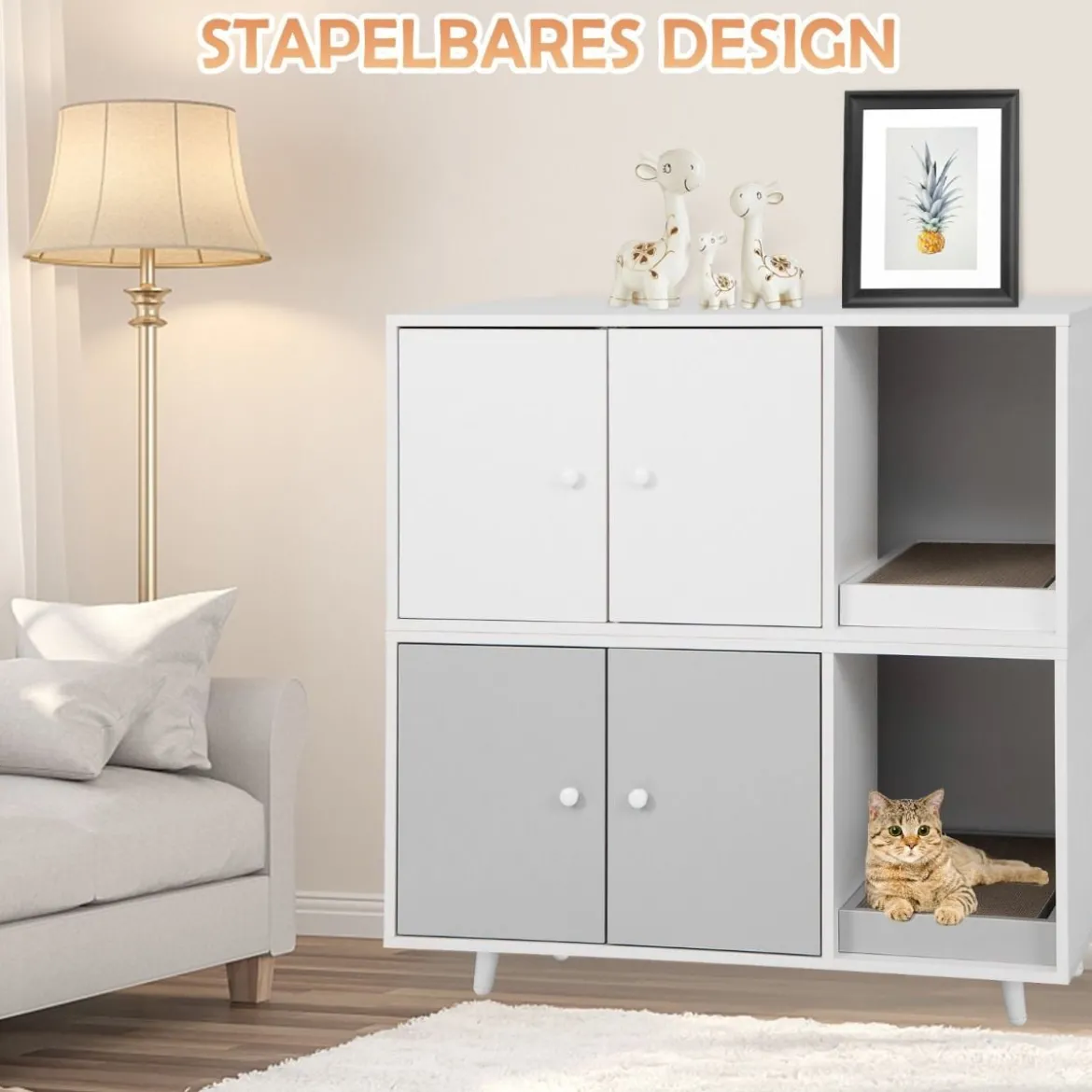 2 in 1 Beistelltisch & Katzenschrank mit Kratzbrett Katzentoilette Kaffeetisch 90 x 50 x 50 cm Grau