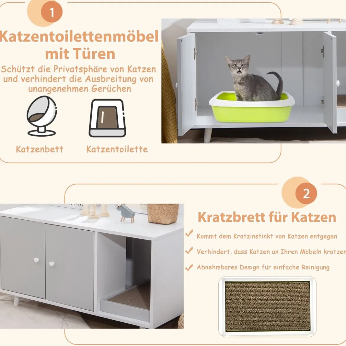 2 in 1 Beistelltisch & Katzenschrank mit Kratzbrett Katzentoilette Kaffeetisch 90 x 50 x 50 cm Grau