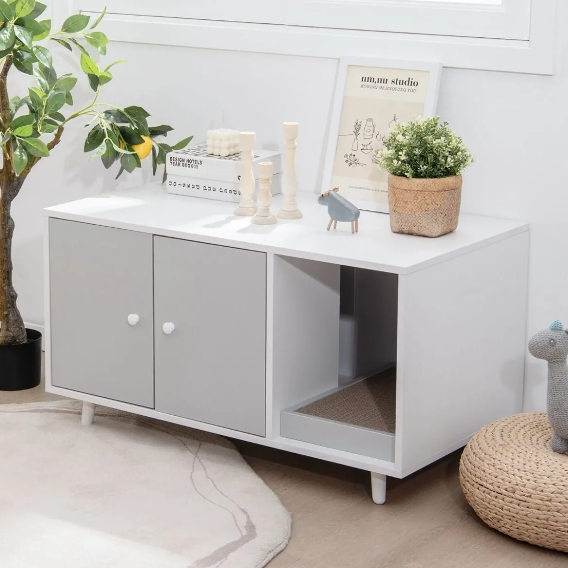 2 in 1 Beistelltisch & Katzenschrank mit Kratzbrett Katzentoilette Kaffeetisch 90 x 50 x 50 cm Grau